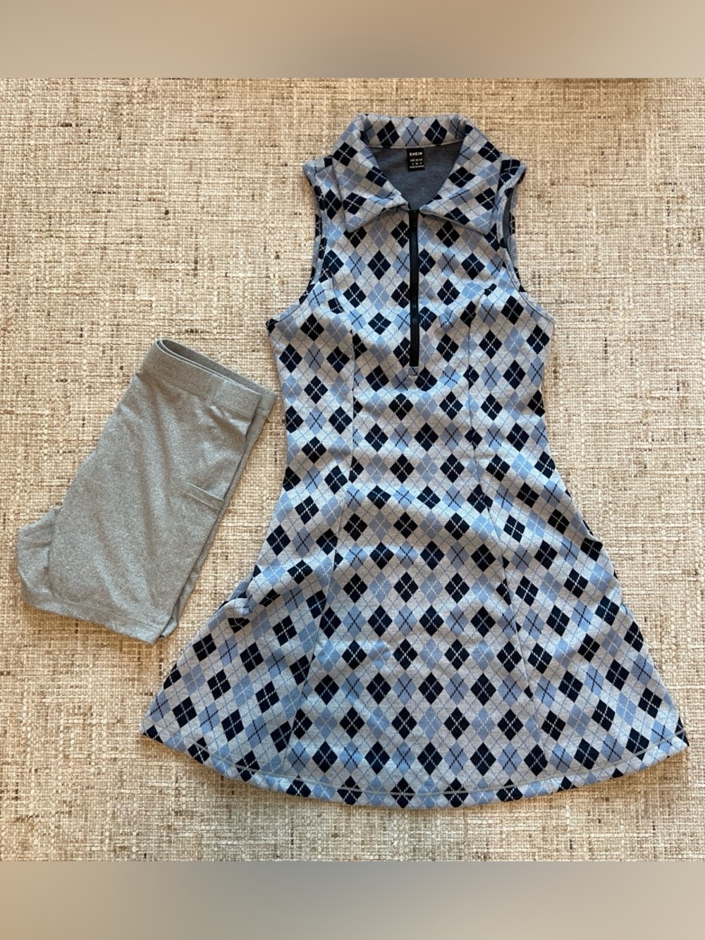 white and blue argyle tennis/golf dress with matching shorts